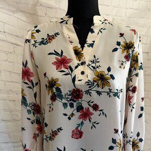 Cure. Ivory & Multi Floral Print Blouse | Size M | V-Neck | Boho Romantic